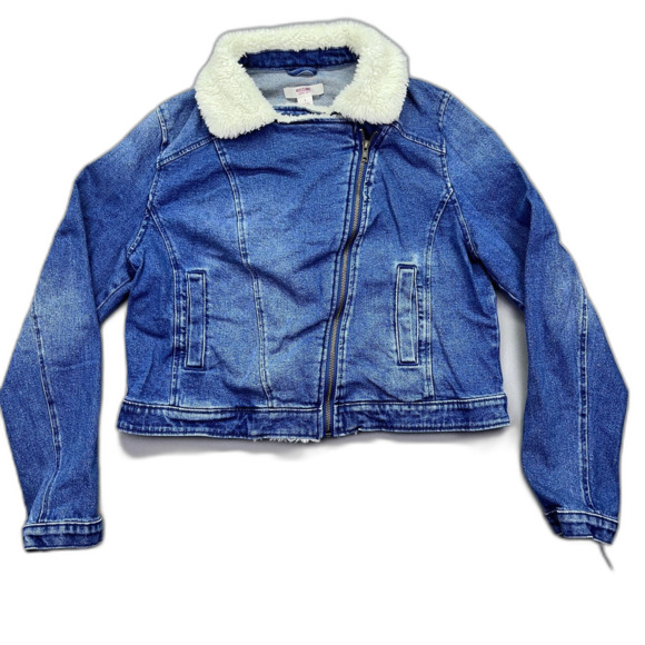 Mossimo‎ Cropped Jean Jacket Womens Blue Denim Full Zip Sherpa Collar Size L - Picture 1 of 14